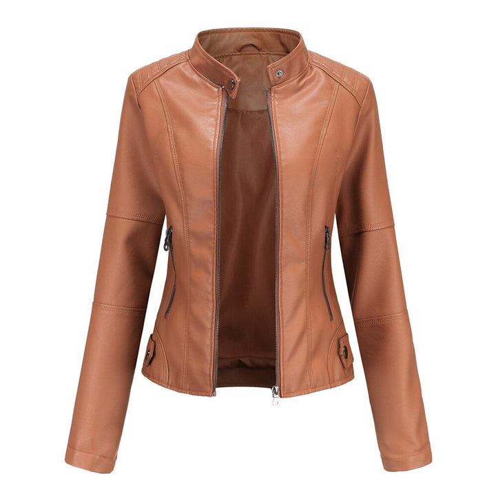Women's Short-Cut Mock-Neck Zip-Up Faux Leather Jacket - Red-Brown