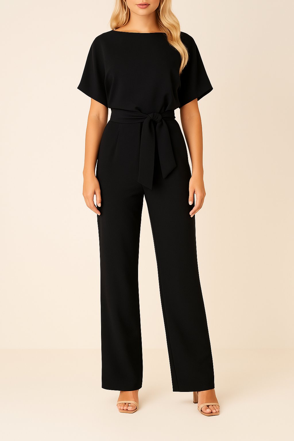 Women's Short Sleeve Belted Jumpsuit Wide Leg - Schwarz