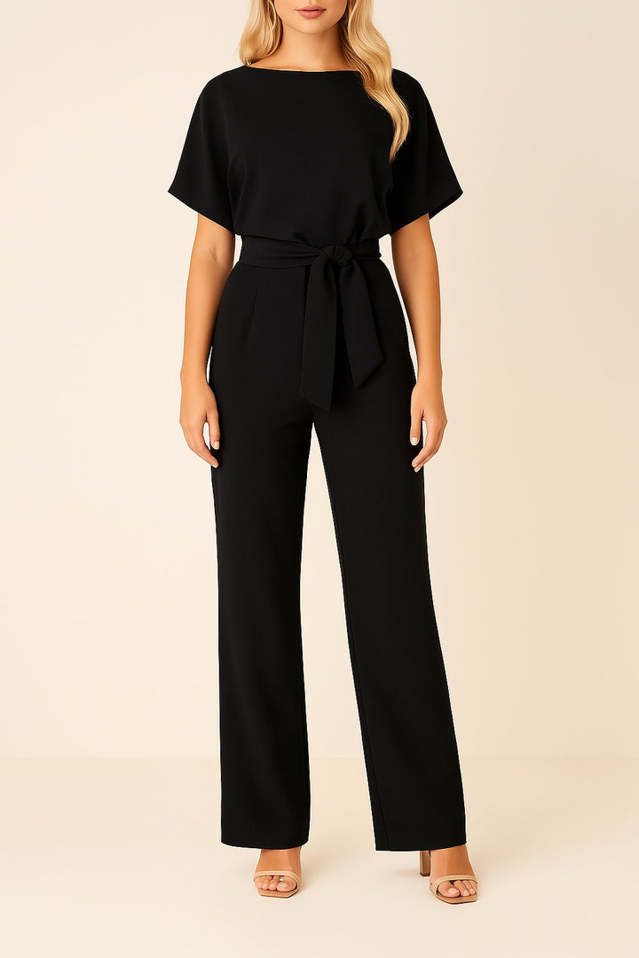 Women's Short Sleeve Belted Jumpsuit Wide Leg - Schwarz