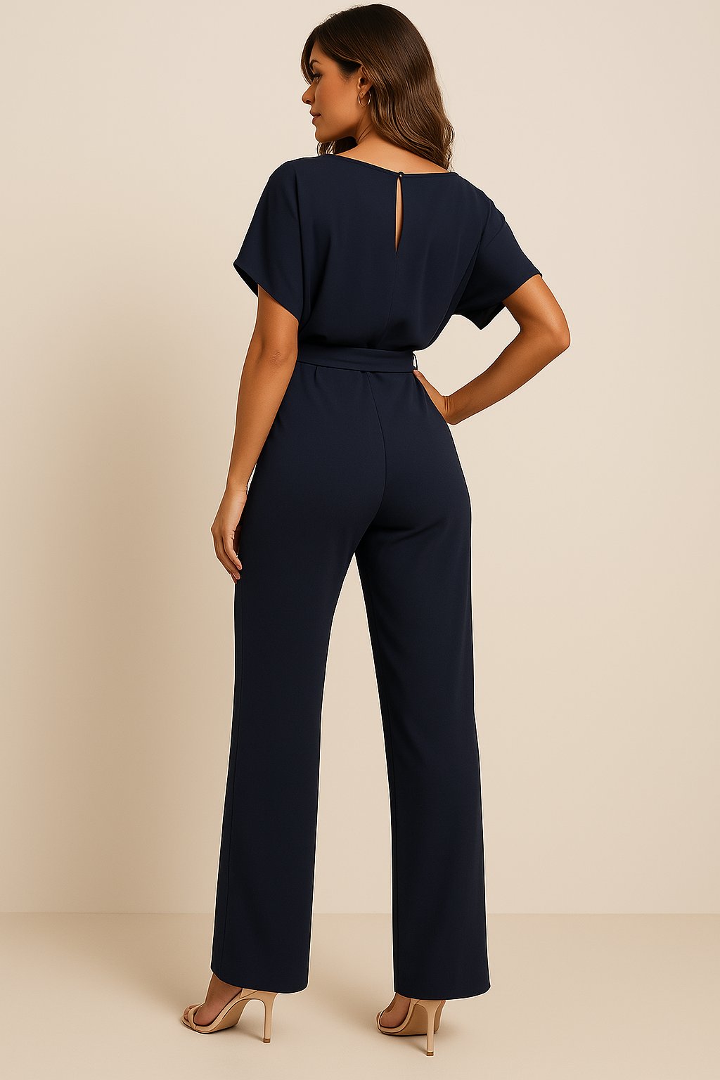 Women's Short Sleeve Belted Jumpsuit Wide Leg