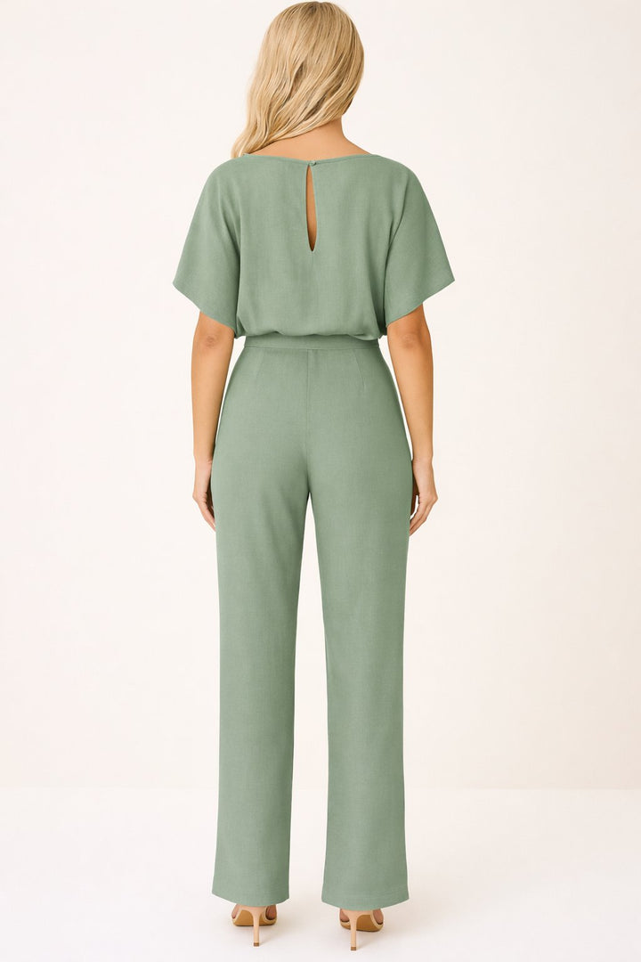 Women's Short Sleeve Belted Jumpsuit Wide Leg