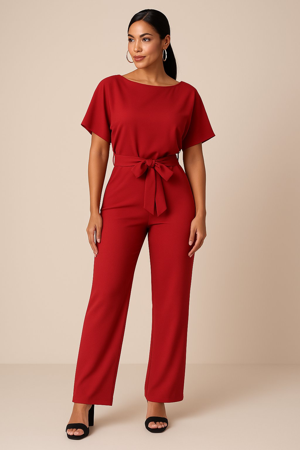 Women's Short Sleeve Belted Jumpsuit Wide Leg - Rot