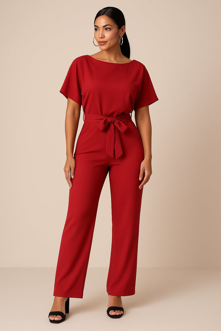Women's Short Sleeve Belted Jumpsuit Wide Leg - Rot