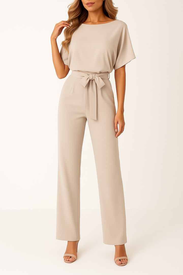 Women's Short Sleeve Belted Jumpsuit Wide Leg - Beige