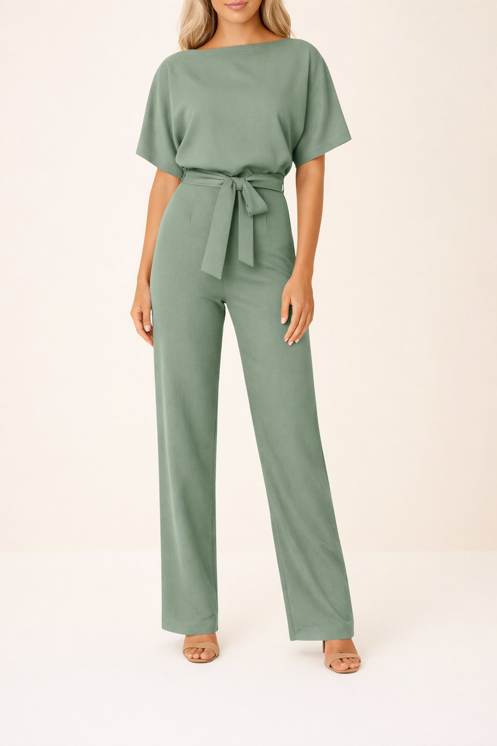 Women's Short Sleeve Belted Jumpsuit Wide Leg - Grün