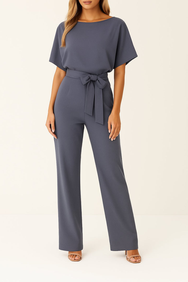 Women's Short Sleeve Belted Jumpsuit Wide Leg - Grau