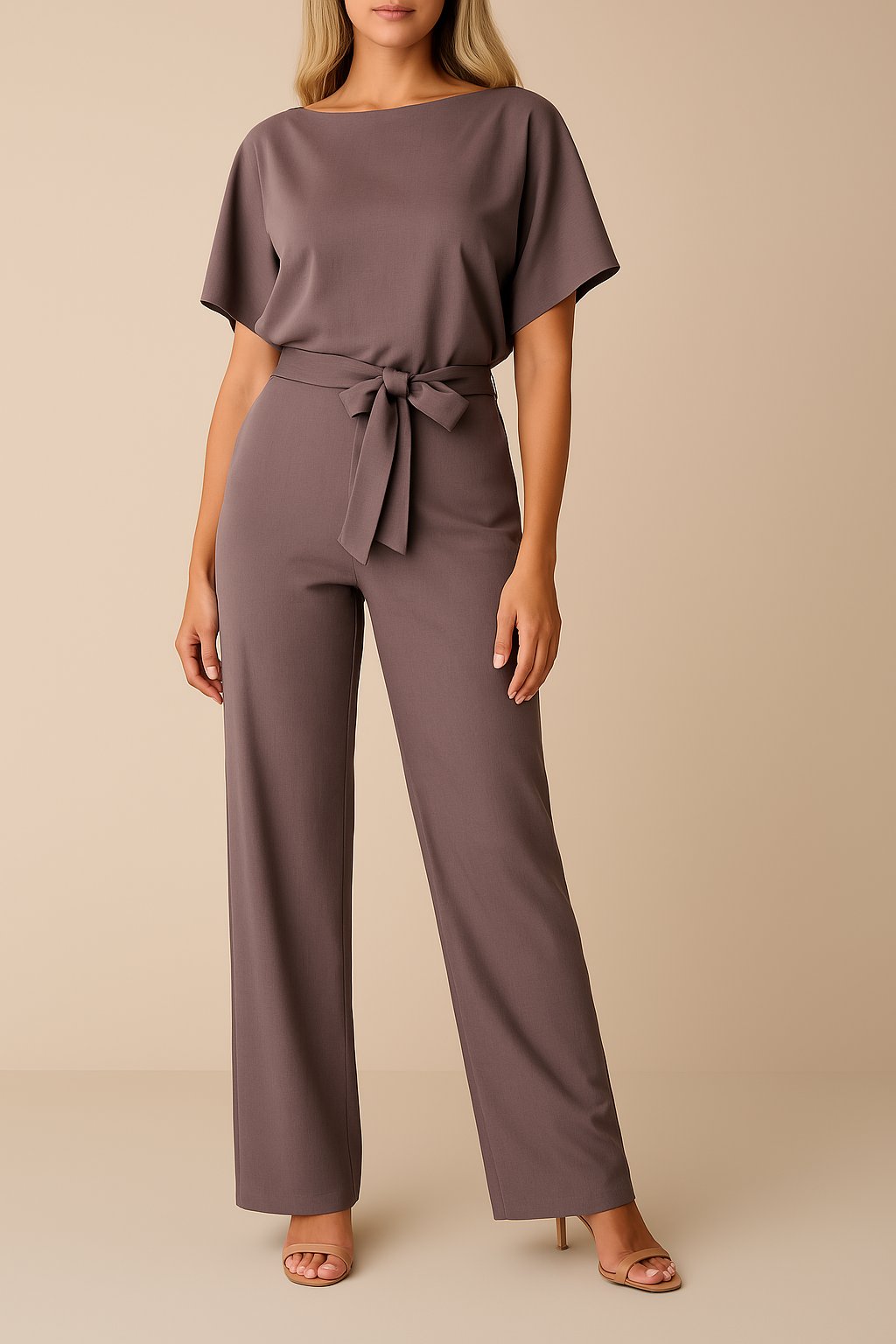 Women's Short Sleeve Belted Jumpsuit Wide Leg - Lila