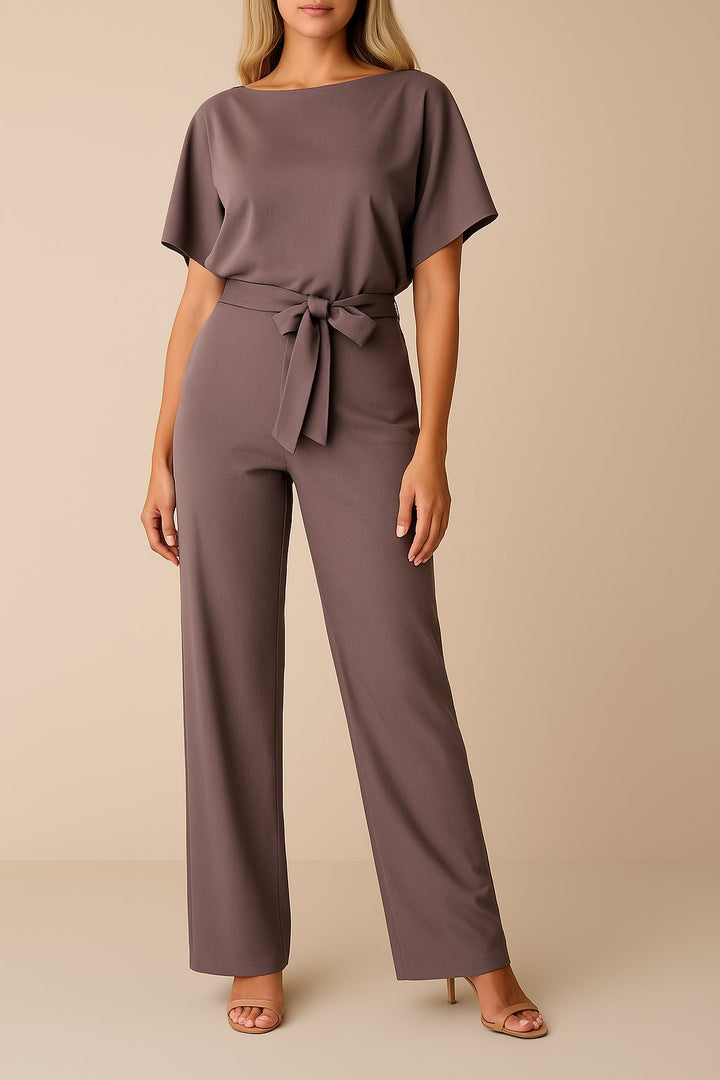 Women's Short Sleeve Belted Jumpsuit Wide Leg - Lila