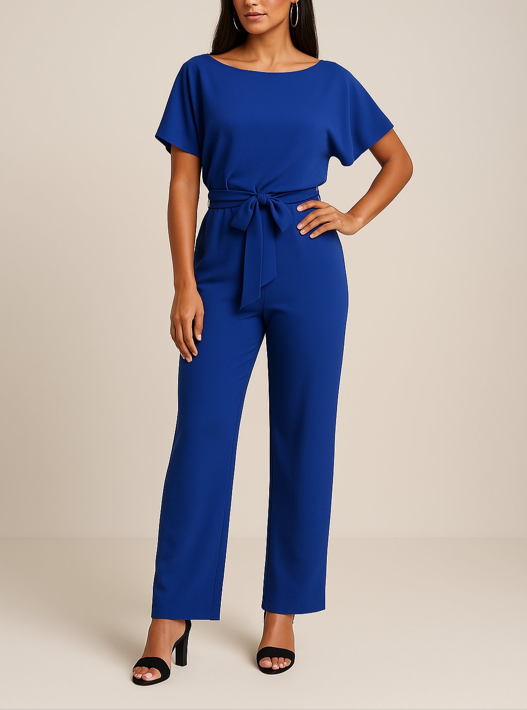 Women's Short Sleeve Belted Jumpsuit Wide Leg - Blau