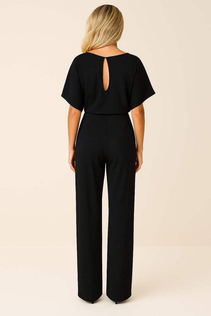 Women's Short Sleeve Belted Jumpsuit Wide Leg