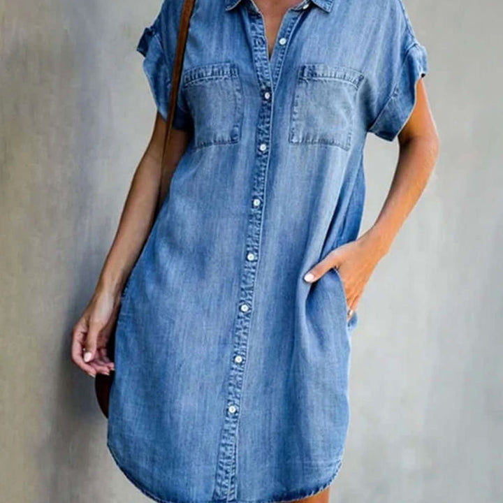 Women's Short-Sleeve Button-Down Denim Party Dress - Light Blue
