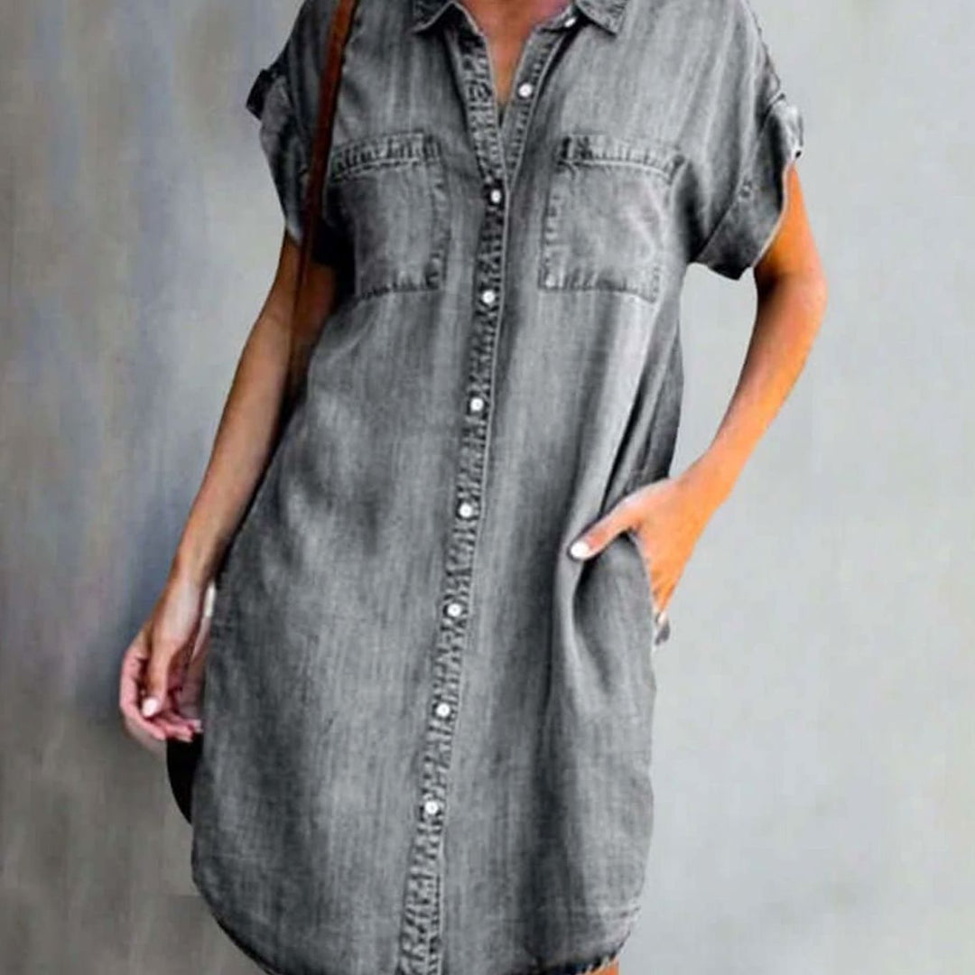 Women's Short-Sleeve Button-Down Denim Party Dress - Grey