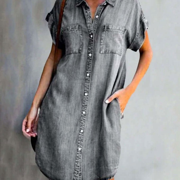 Women's Short-Sleeve Button-Down Denim Party Dress - Grey