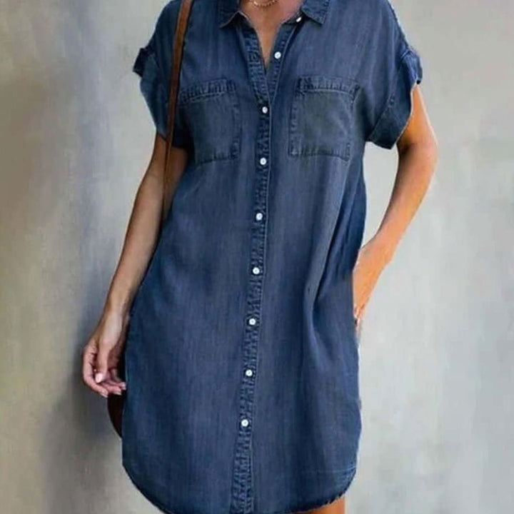 Women's Short-Sleeve Button-Down Denim Party Dress - Dark Grey