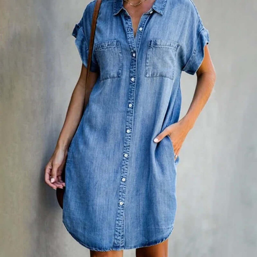 Women's Short-Sleeve Denim Shirt Party Dress Chest Pockets - Light Blue