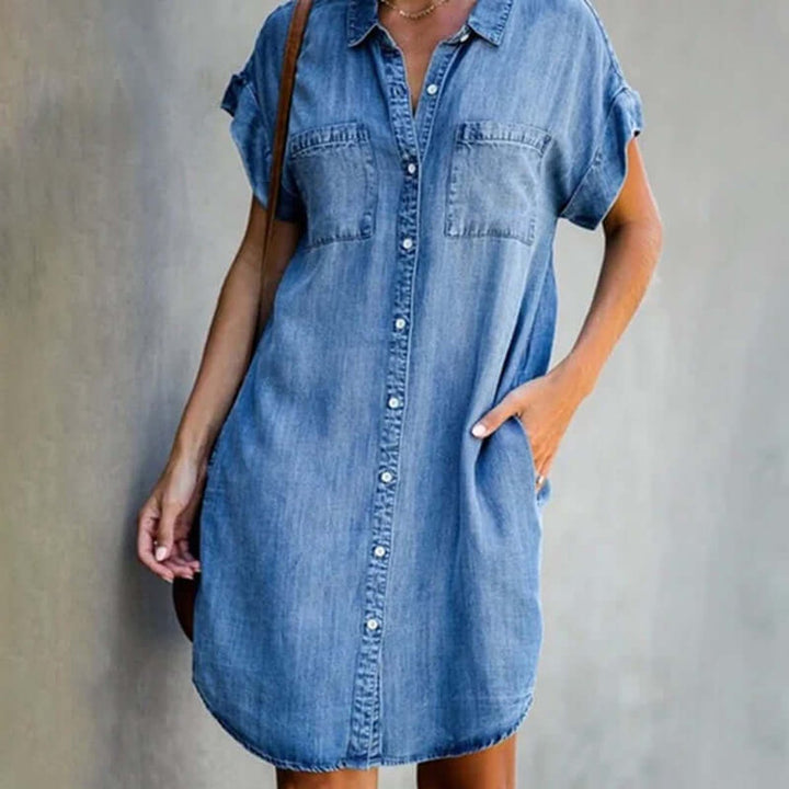 Women's Short-Sleeve Denim Shirt Party Dress Chest Pockets - Light Blue