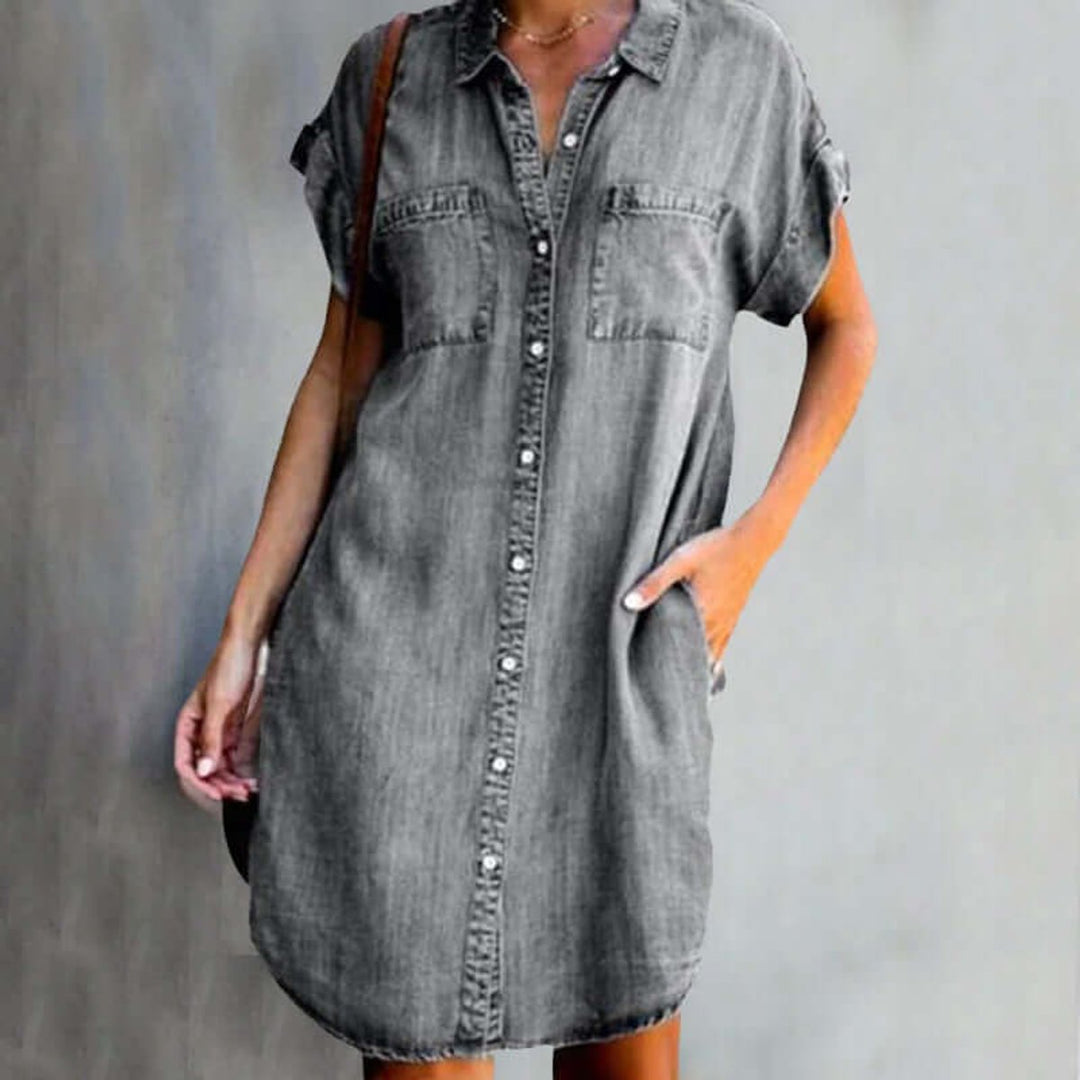 Women's Short-Sleeve Denim Shirt Party Dress Chest Pockets - Gray