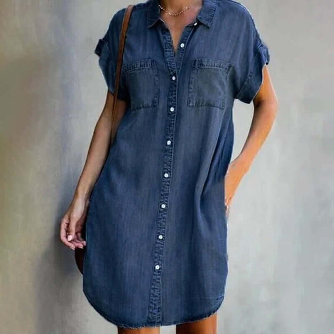 Women's Short-Sleeve Denim Shirt Party Dress Chest Pockets - Dark Gray