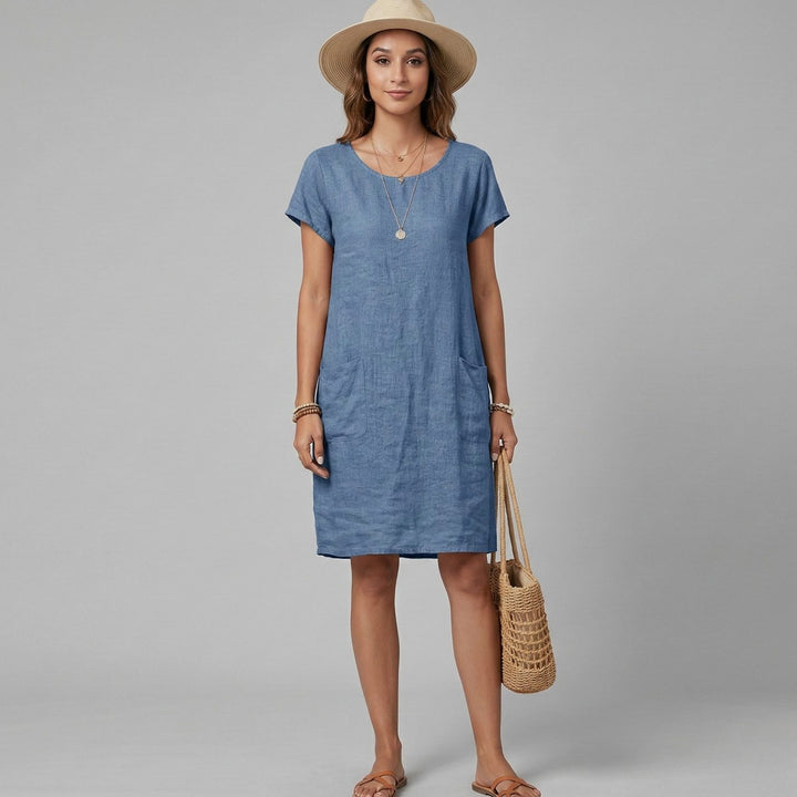 Women's Short Sleeve Mini Shift Dress Pockets Summer Linen - Blue