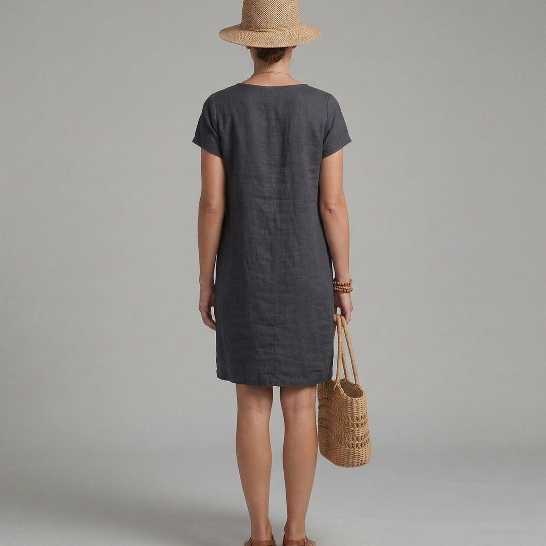 Women's Short Sleeve Mini Shift Dress Pockets Summer Linen