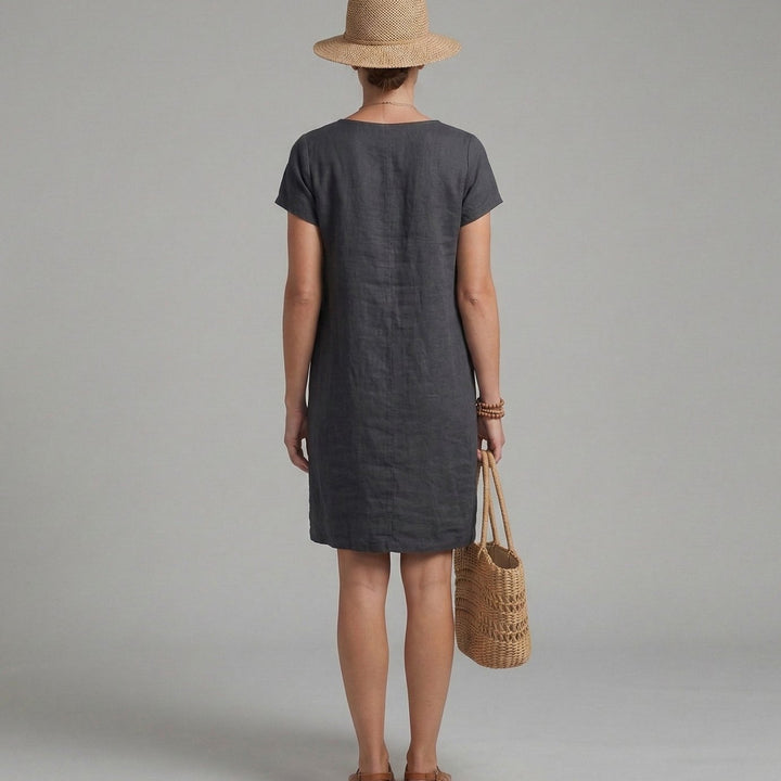 Women's Short Sleeve Mini Shift Dress Pockets Summer Linen