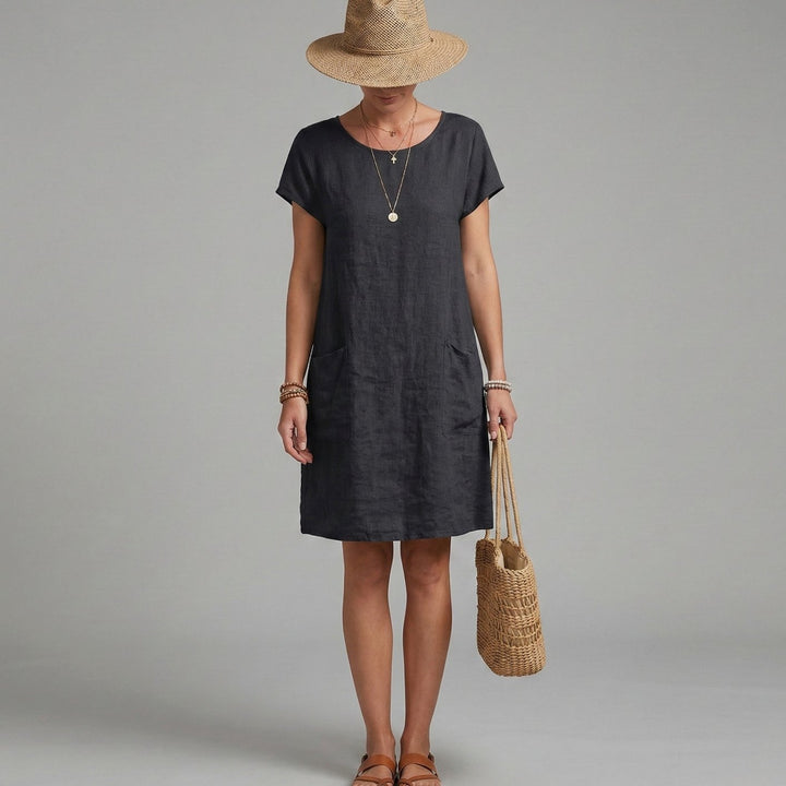 Women's Short Sleeve Mini Shift Dress Pockets Summer Linen - Black