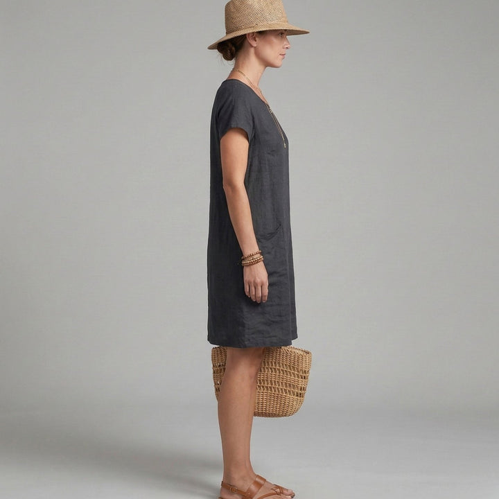 Women's Short Sleeve Mini Shift Dress Pockets Summer Linen