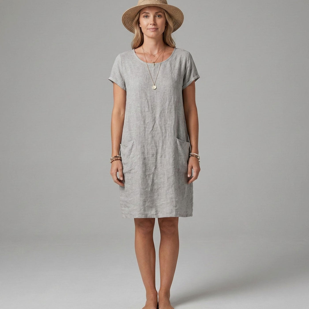 Women's Short Sleeve Mini Shift Dress Pockets Summer Linen - Grey