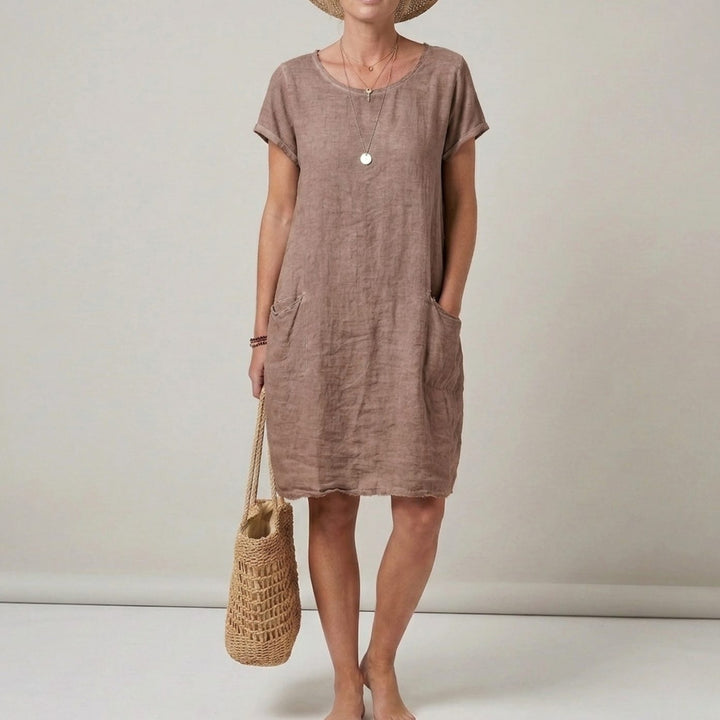 Women's Short Sleeve Mini Shift Dress Pockets Summer Linen - Khaki