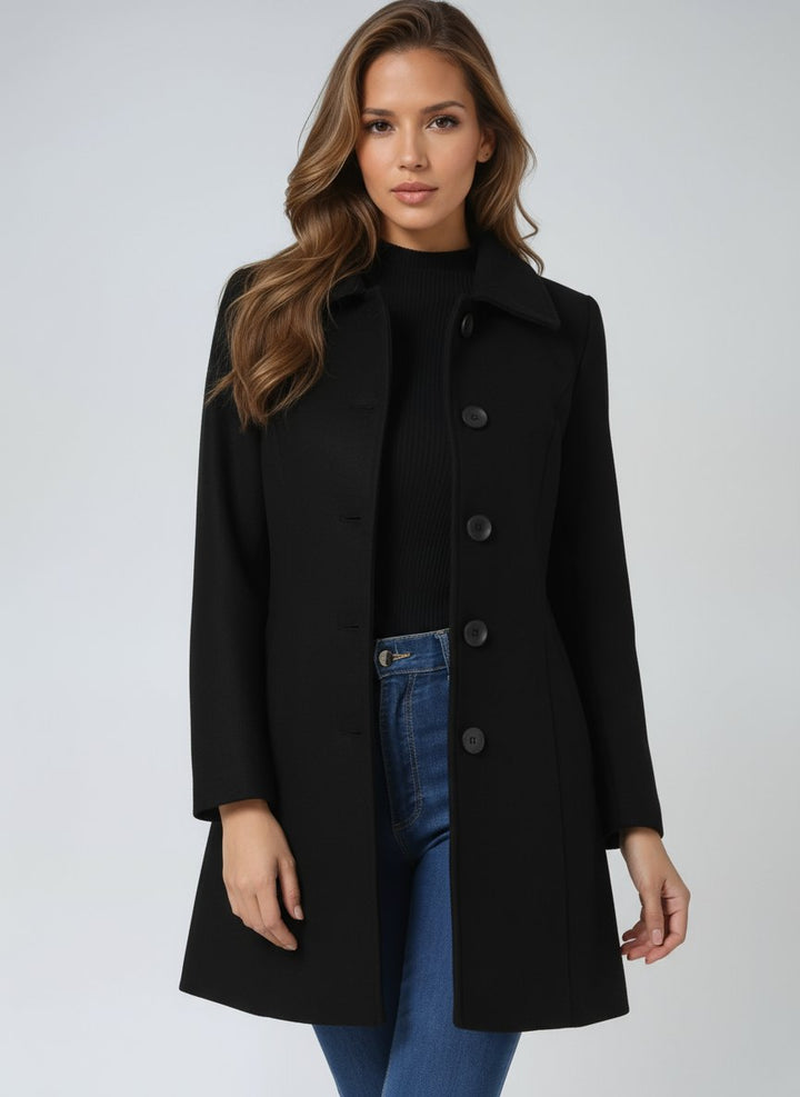Women's Single-Breasted Structured Midi Winter Coat - Black