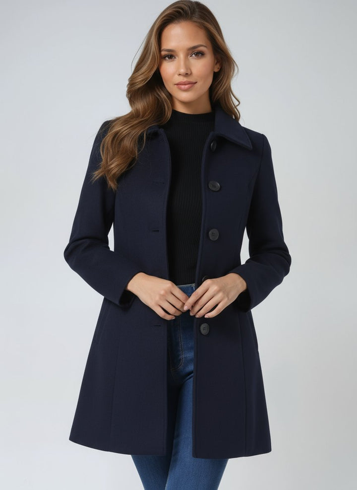 Women's Single-Breasted Structured Midi Winter Coat - Dark Blue