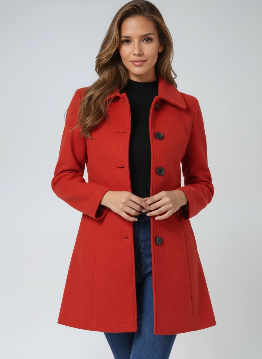 Women's Single-Breasted Structured Midi Winter Coat - Red