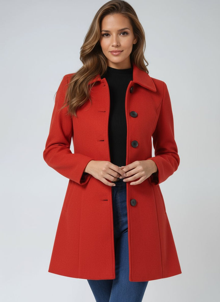 Women's Single-Breasted Structured Midi Winter Coat - Red