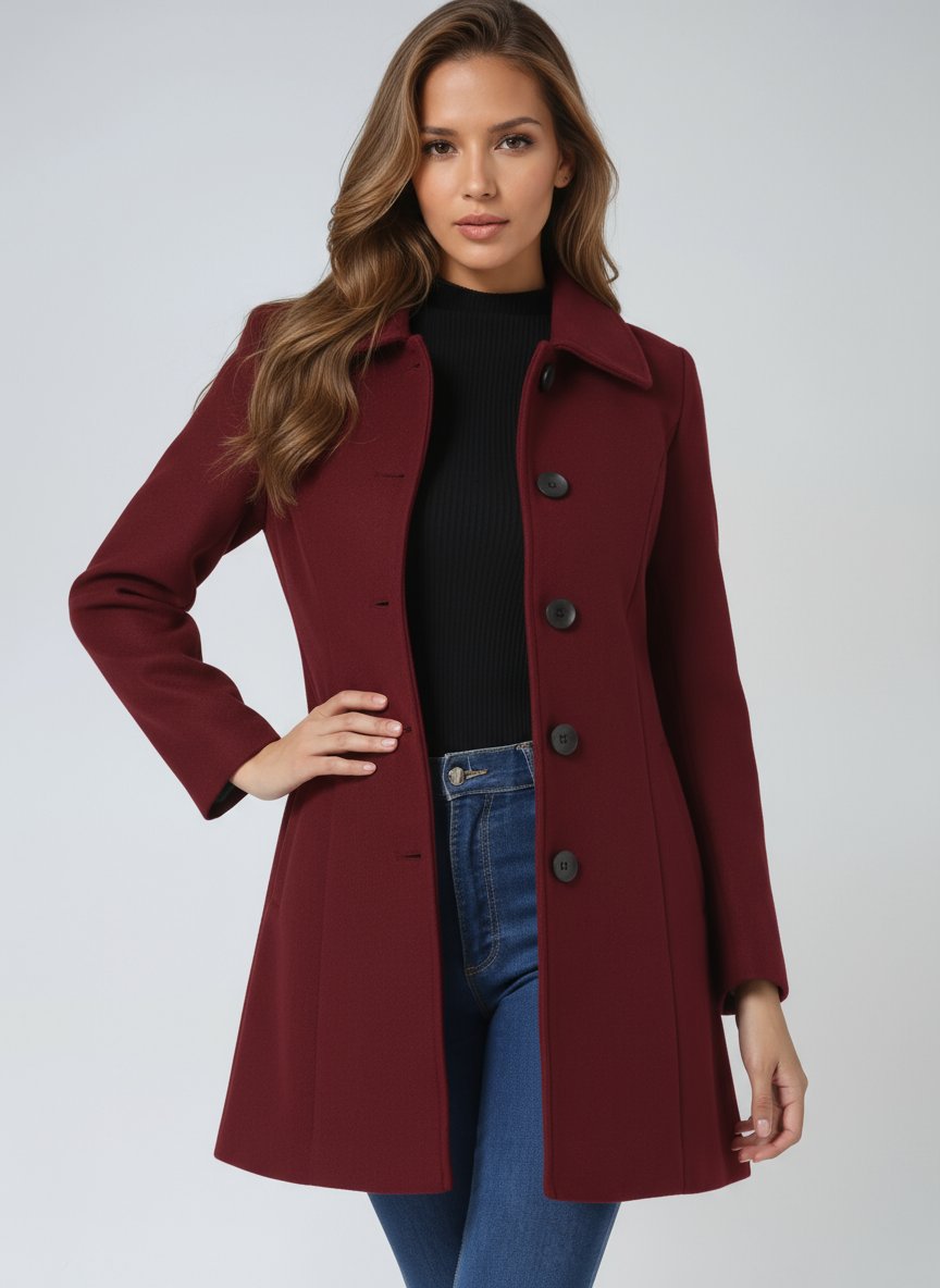 Women's Single-Breasted Structured Midi Winter Coat - Dark Red