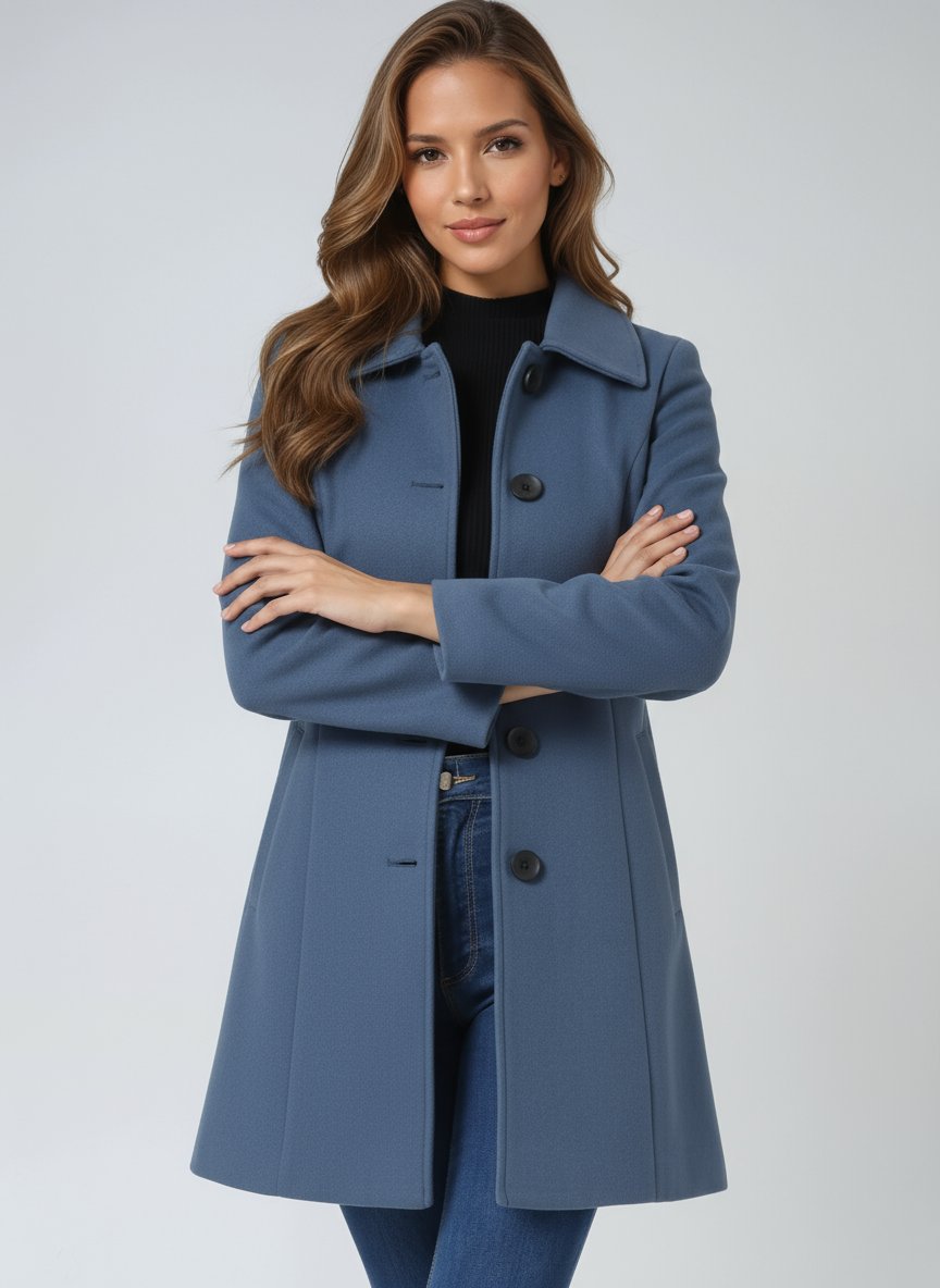 Women's Single-Breasted Structured Midi Winter Coat - Light Blue