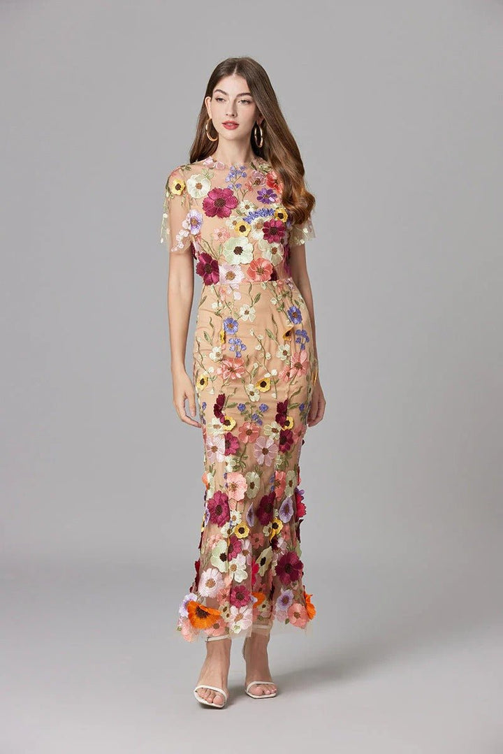 Women's Sleeveless 3D Floral Applique Sheer Mesh Maxi Dress