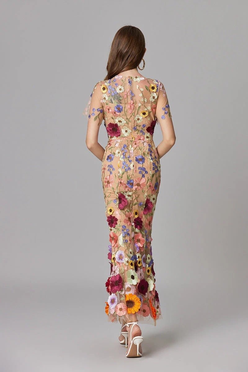 Women's Sleeveless 3D Floral Applique Sheer Mesh Maxi Dress