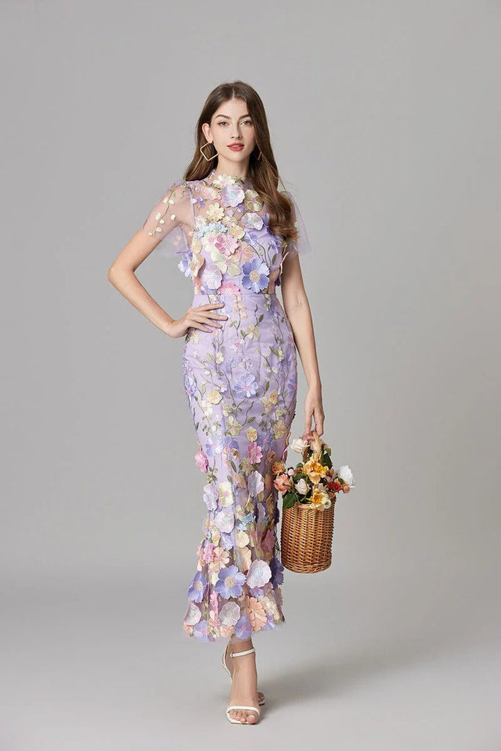 Women's Sleeveless 3D Floral Applique Sheer Mesh Maxi Dress