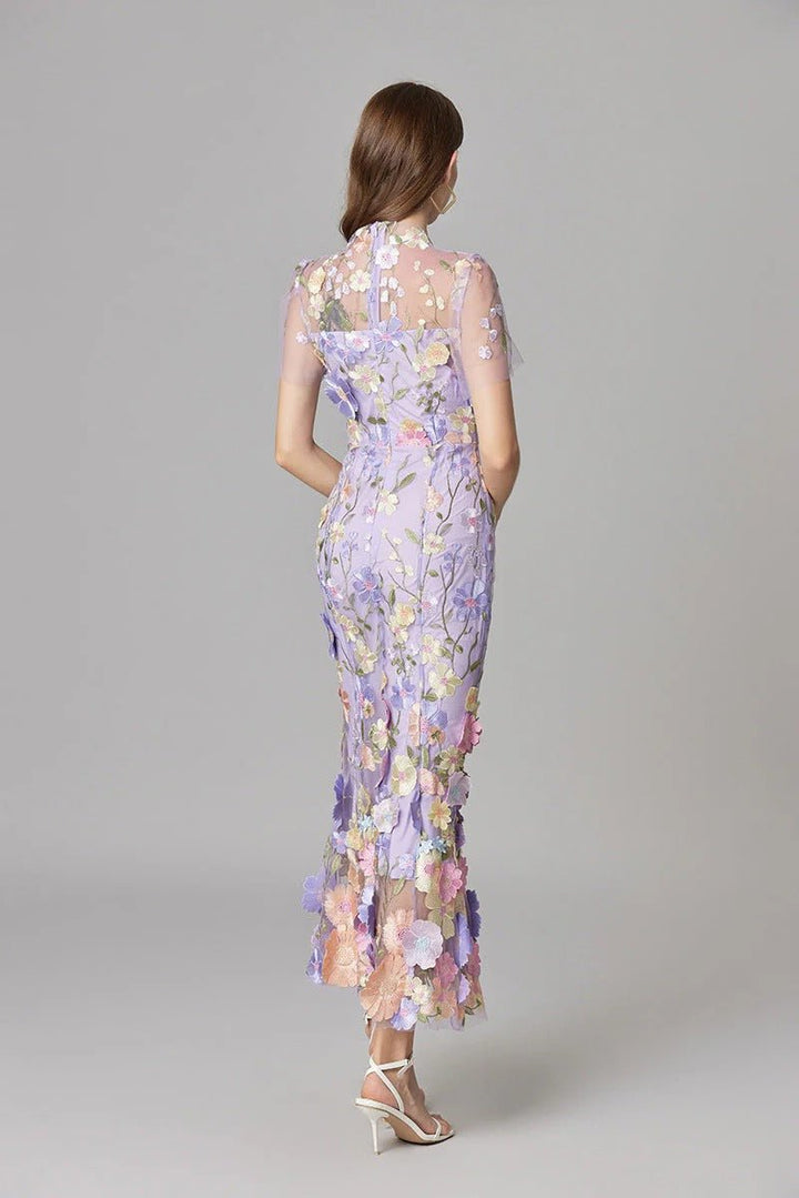 Women's Sleeveless 3D Floral Applique Sheer Mesh Maxi Dress