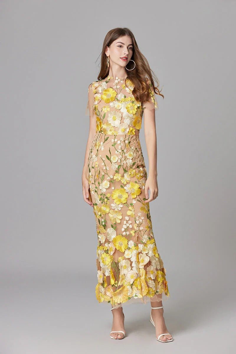 Women's Sleeveless 3D Floral Applique Sheer Mesh Maxi Dress