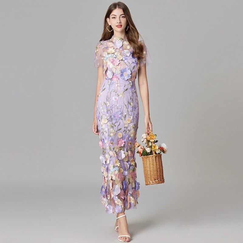 Women's Sleeveless 3D Floral Applique Sheer Mesh Maxi Dress - Purple