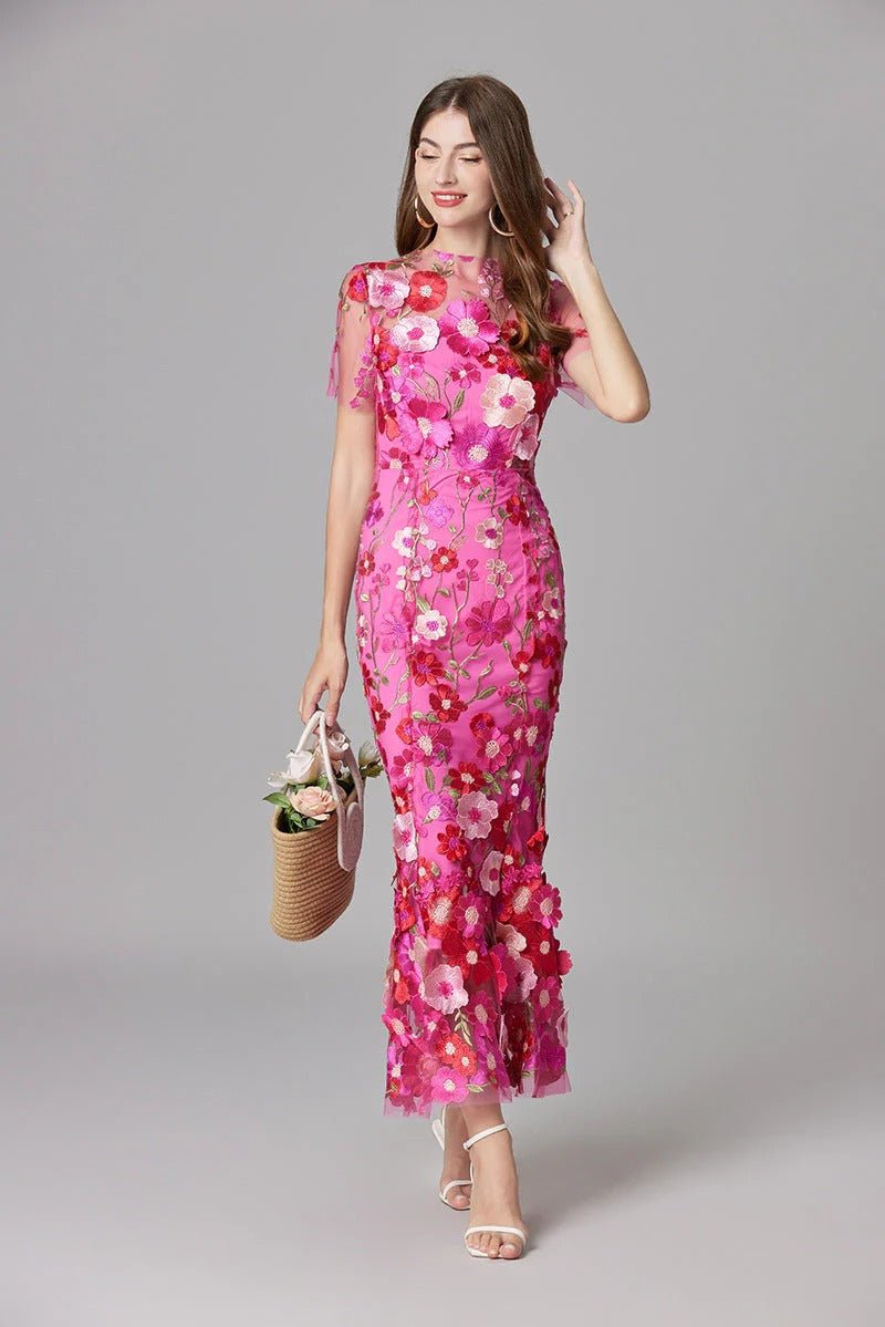 Women's Sleeveless 3D Floral Applique Sheer Mesh Maxi Dress