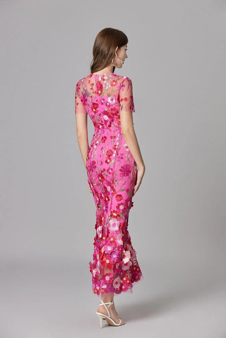 Women's Sleeveless 3D Floral Applique Sheer Mesh Maxi Dress