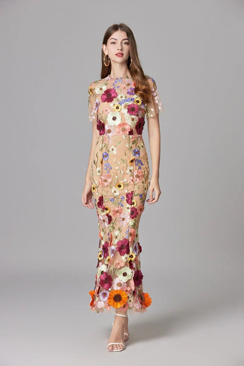 Women's Sleeveless 3D Floral Applique Sheer Mesh Maxi Dress