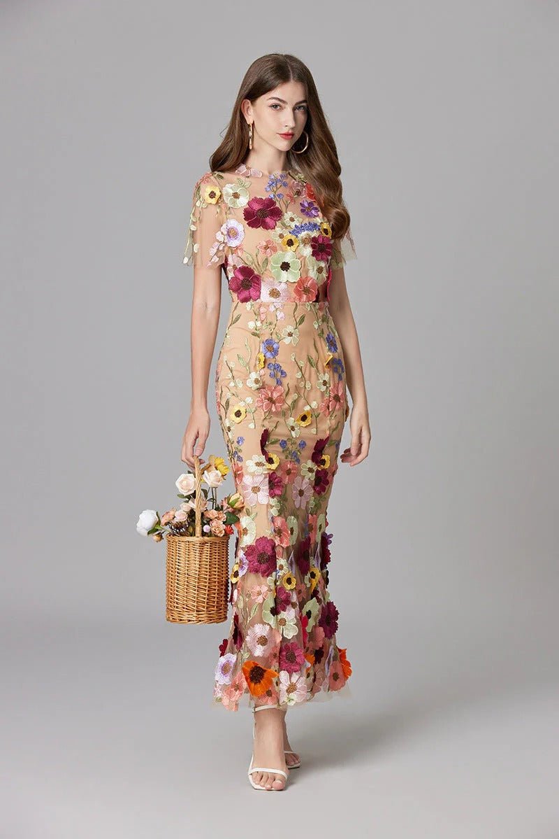 Women's Sleeveless 3D Floral Applique Sheer Mesh Maxi Dress