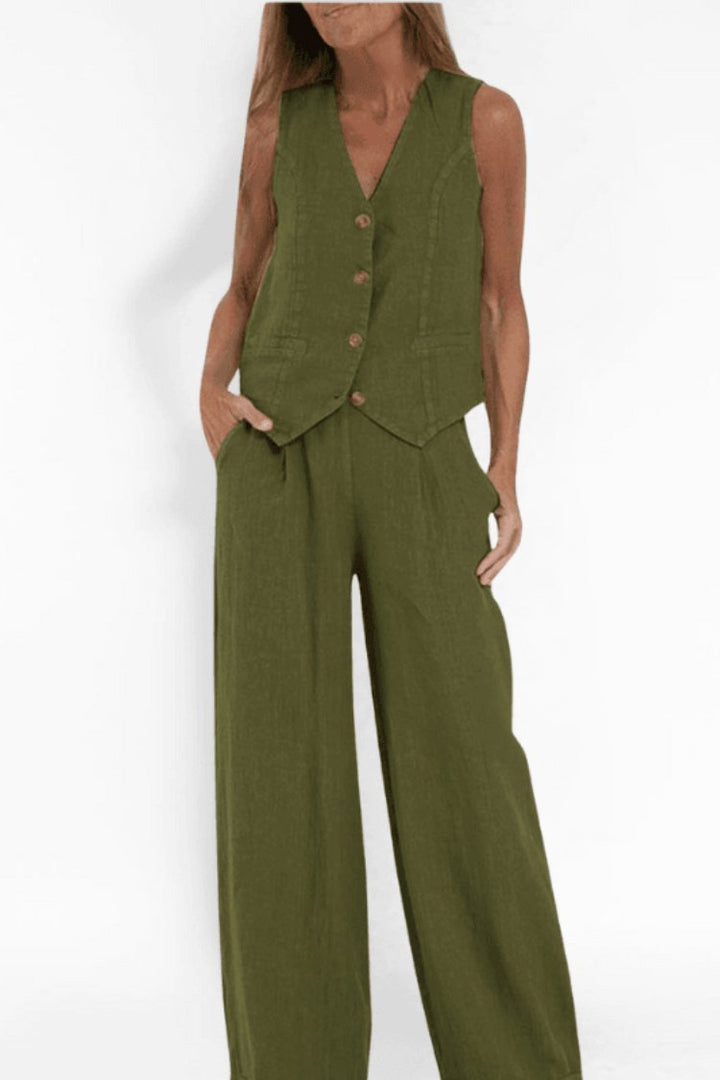Women's Sleeveless Button-Front Wide-Leg Two-Piece Set - Green