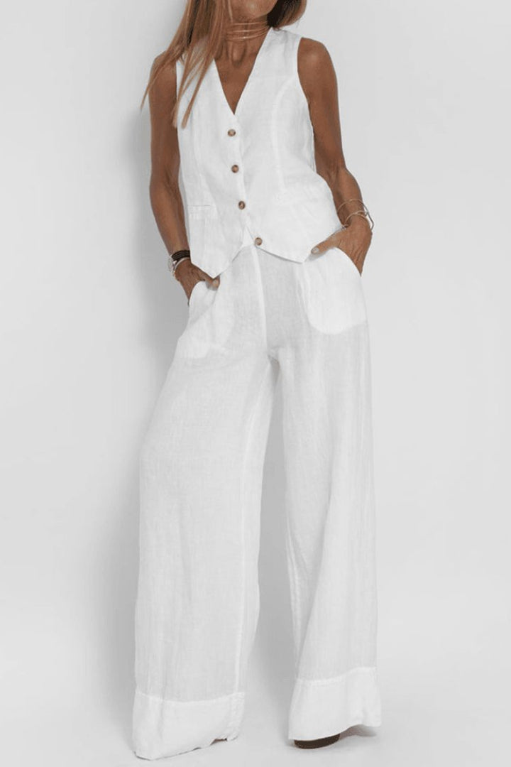 Women's Sleeveless Button-Front Wide-Leg Two-Piece Set - White