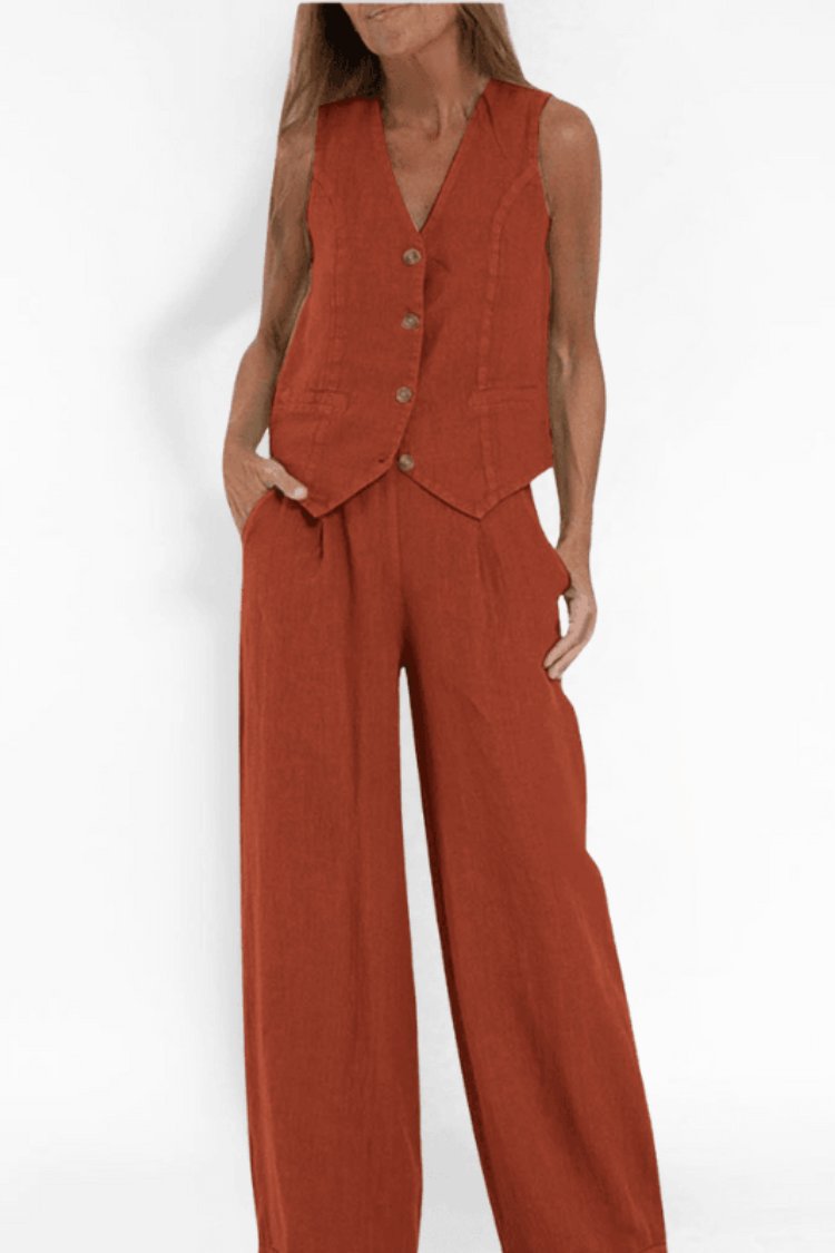 Women's Sleeveless Button-Front Wide-Leg Two-Piece Set - Orange