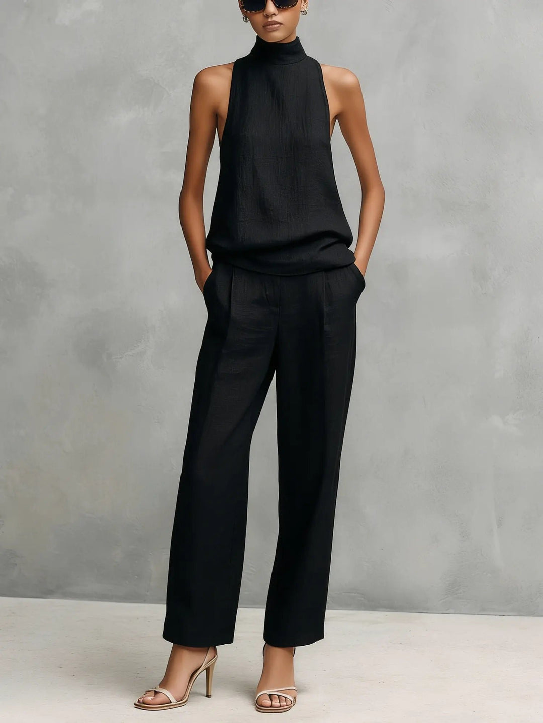 Women's Sleeveless Cotton-Linen Two-Piece Set - Black