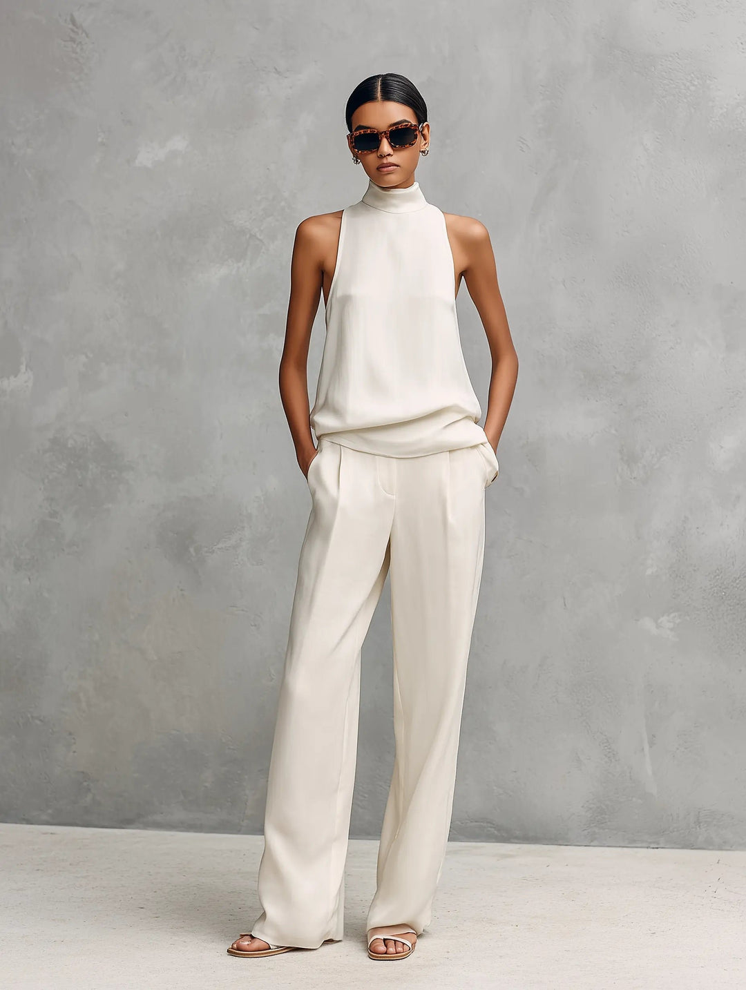 Women's Sleeveless Cotton-Linen Two-Piece Set - White